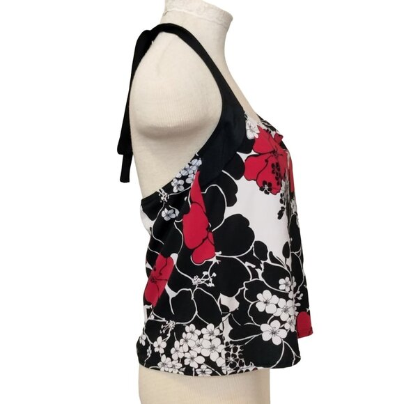 Cherokee Adjustable Halter Tankini Swim Top 16W Black White Red Floral Print - Picture 3 of 6